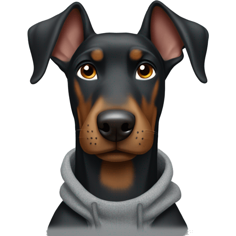 a black Doberman with brown spots smiles widely, it should be clear that he is wearing a gray sweatshirt and glasses with black frames emoji