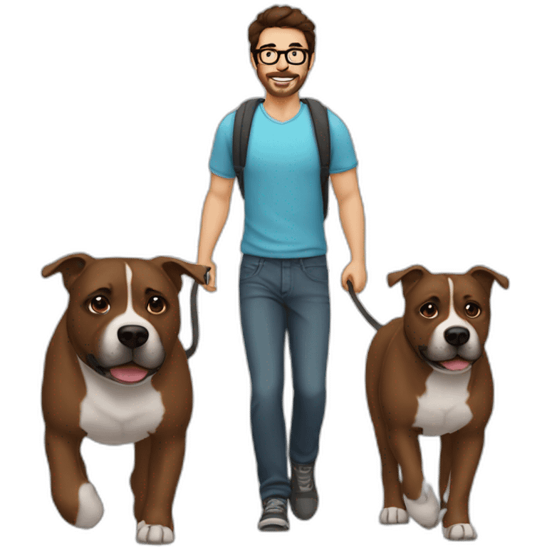 dark brown haired man with glasses and stubble walking a staffy emoji