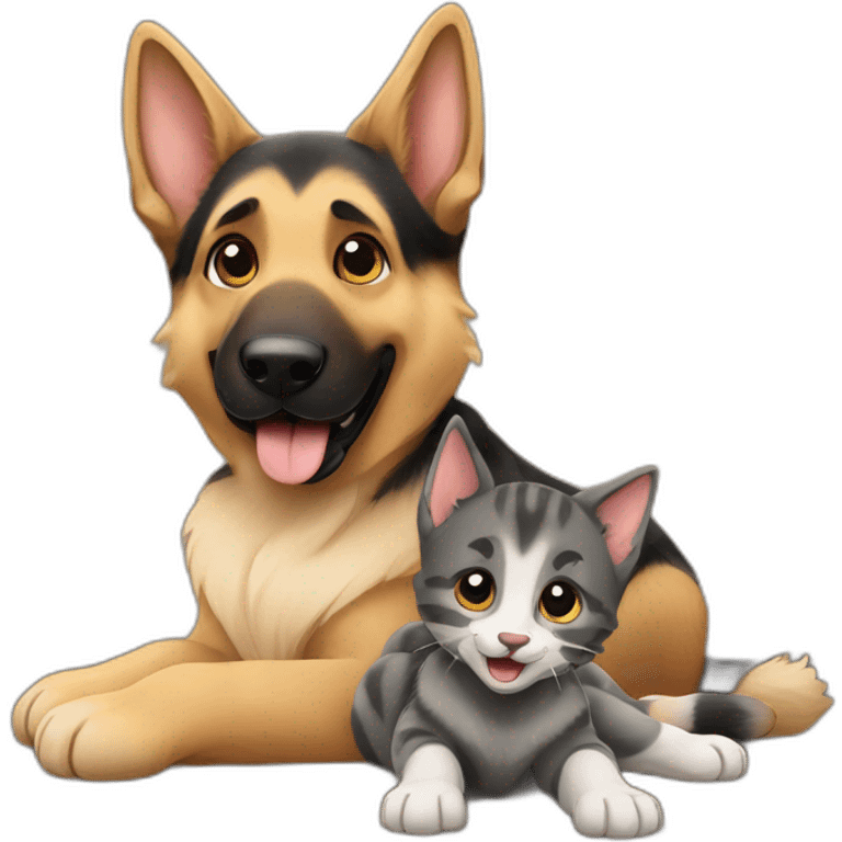 German Shepherd playing with a baby cat emoji