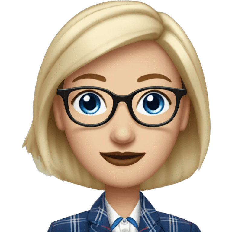 A bald aquiline nosed Caucasian woman with protruding blue eyes that are crossed outward, wearing square plastic eyeglasses, a baseball hat, small hoop earrings, a plaid men's tuxedo with blue plaid overcoat red bowtie and pants emoji