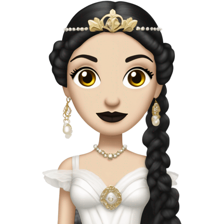 Tall realistic face teen Morticia Addams in as Princess Leia in ruffled pearl-white ballet ball gown with gold accents and accessories  emoji