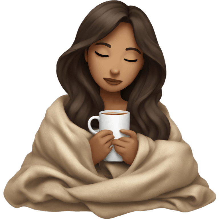 girl brunette inside a blanket sipping coffee eyes closed emoji