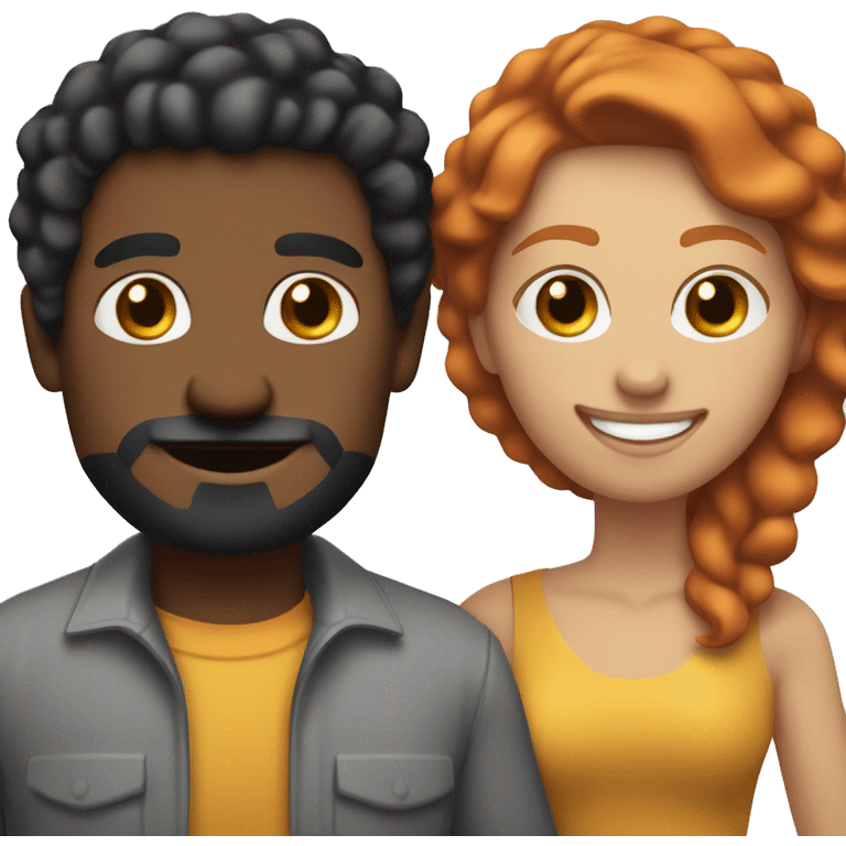 Emoji of a light-skinned red-haired woman and a dark-skinned man with black power hair, mustache, and goatee, holding hands and smiling in a minimalistic style, showing a friendly bond. emoji