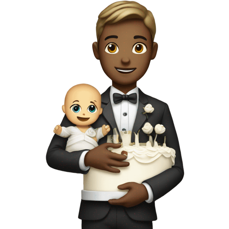 Boy in waiter costume holding a wedding cake and a baby emoji