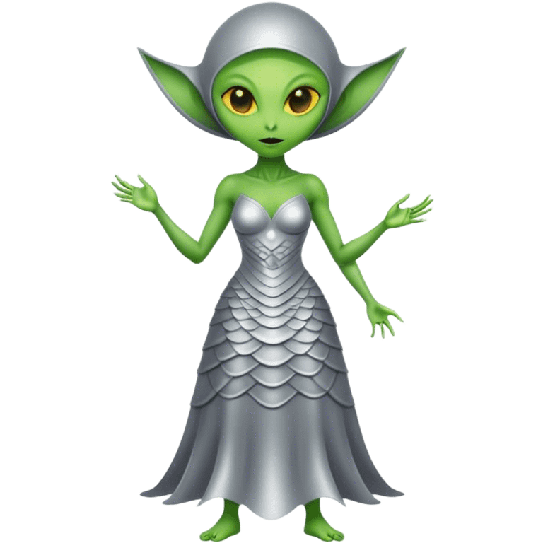 Green Alien woman with Cycloid scales, in silver dress, full figure, yellow eyes emoji