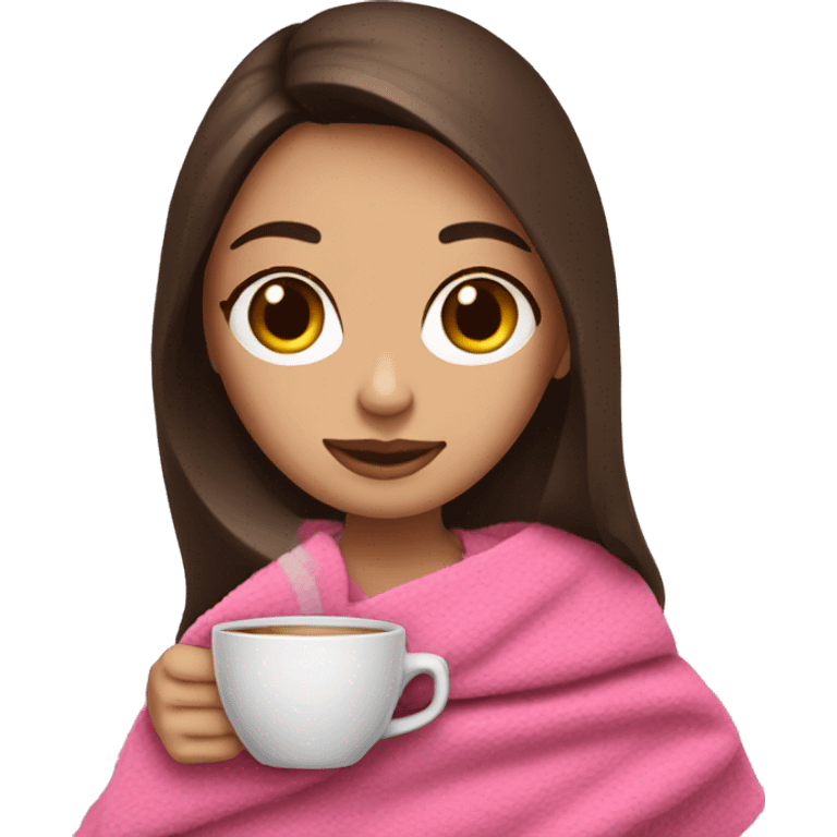 Brunette with pink blanket drink coffee emoji