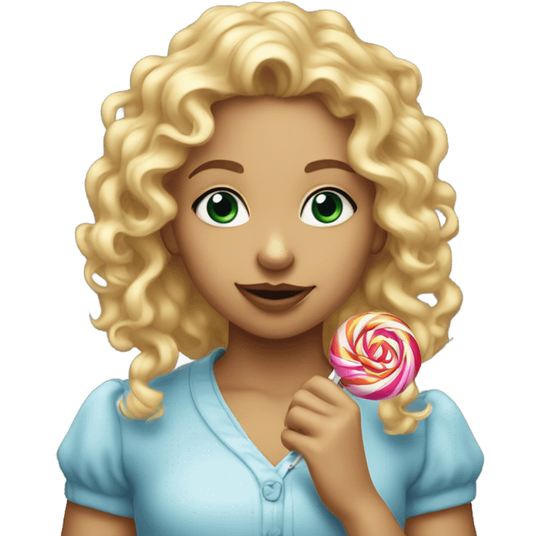 girl sucking a lollipop with blonde curly hair and rlly pretty emoji