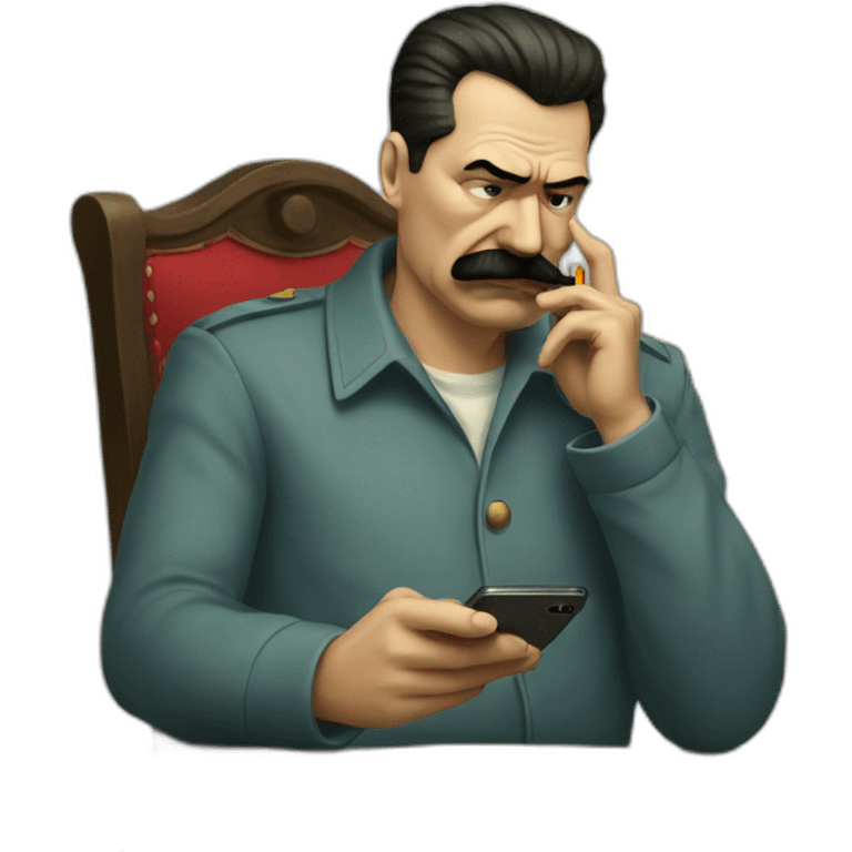 Depressed looking stalin looking at social media on phone and smoking a cigarette emoji