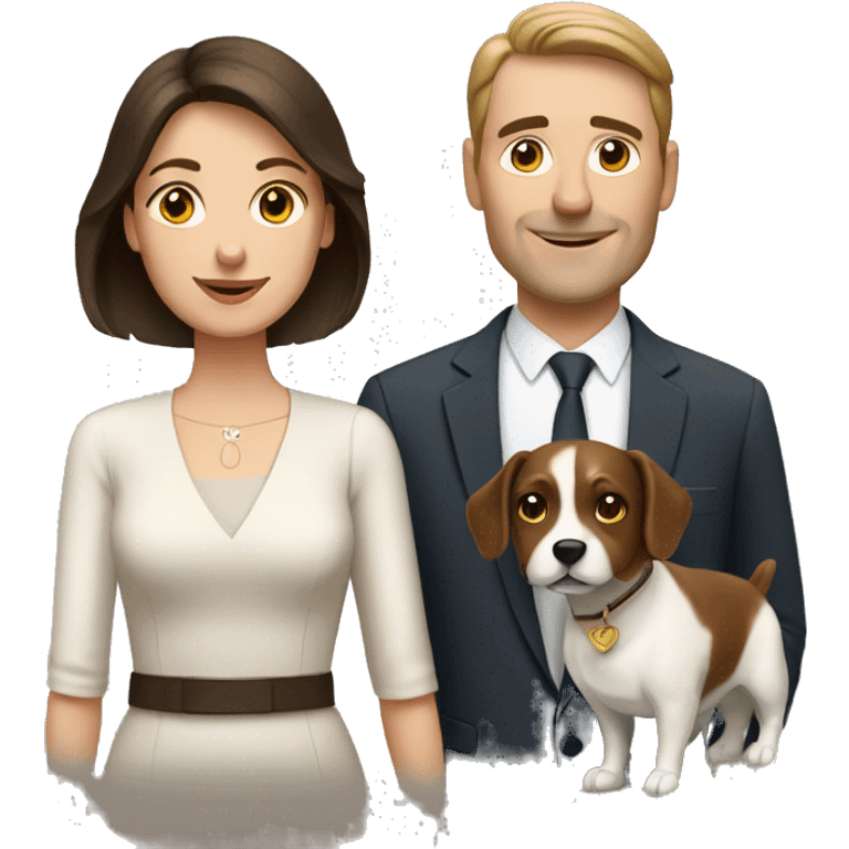 Brunette husband and wife with small white and brown dog emoji