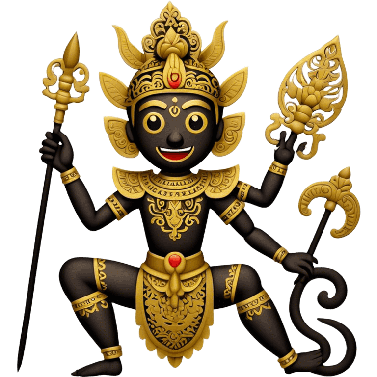 Cinematic Realistic Wayang Kulit Emoji, depicted as an intricate shadow puppet with detailed cut-out figures and traditional patterns, rendered with crisp textures and dynamic cultural lighting that captures its ancient artistry. emoji