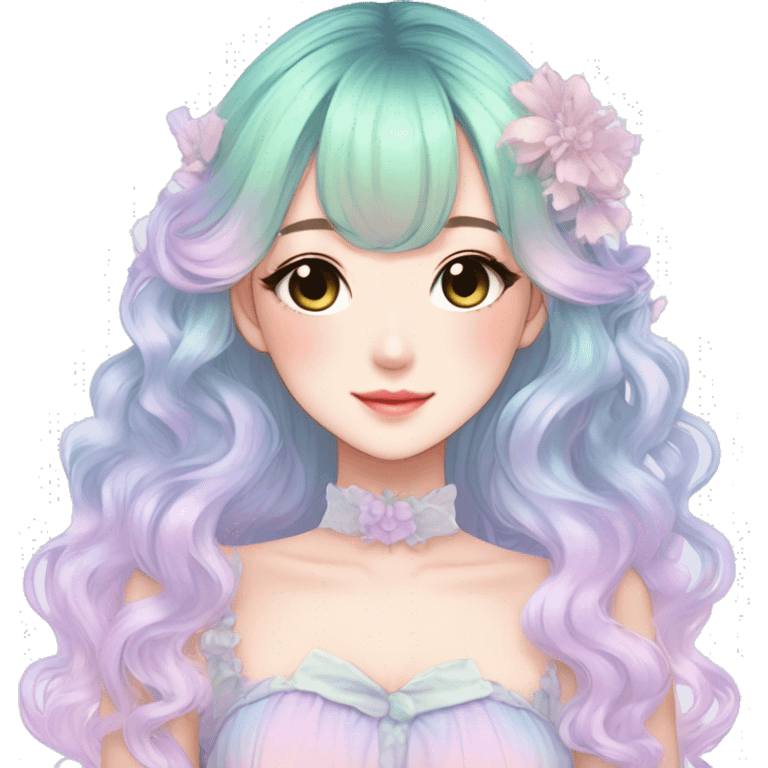 gorgeous pretty attractive anime lady beautiful pastel-gradient hair with a gorgeous dress fairycore cottagecore pastelcore detailed high quality trending VOGUE aesthetic emoji