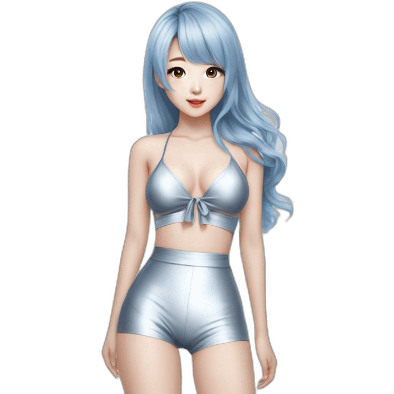 asian korean girl, bikini, kpop idol, full body, trendy hairstyle, pretty girl silver blue hair emoji