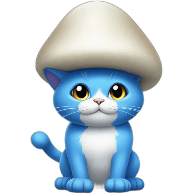 Blue cat standing on its paws wearing a white mushroom hat emoji