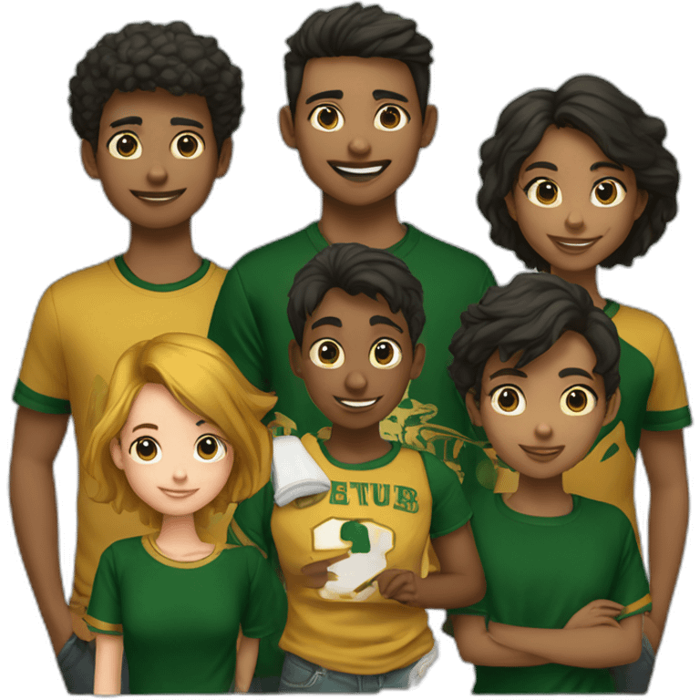 Student club with 3 boys and 4 girls wearing dark green T-shirt and a S gold color on the middle of the T-shirt  emoji