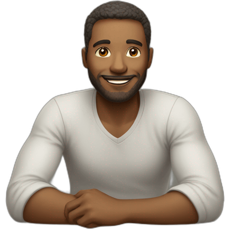 man in calm and happy face while sitting on table emoji