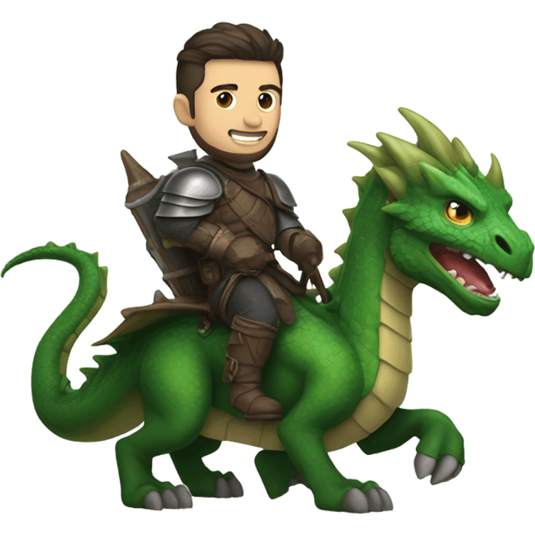 Determined armored White Man with dark brown pompadour hair and a short beard riding on the back of a giant green dragon emoji