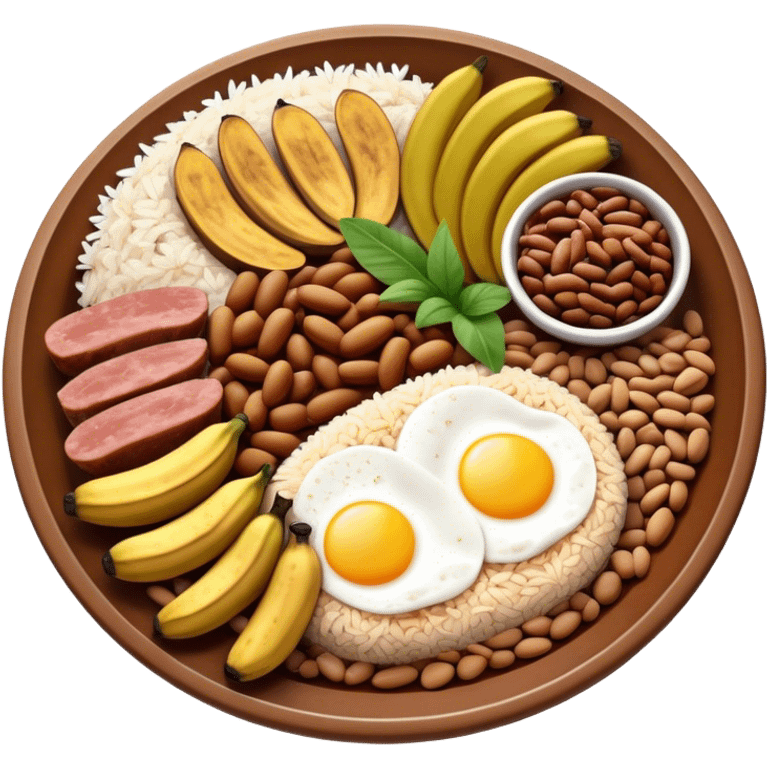 Cinematic Realistic Bandeja Paisa Dish Emoji, depicted as a hearty platter featuring beans, rice, meat, and plantains rendered with detailed textures and vibrant, robust lighting. emoji