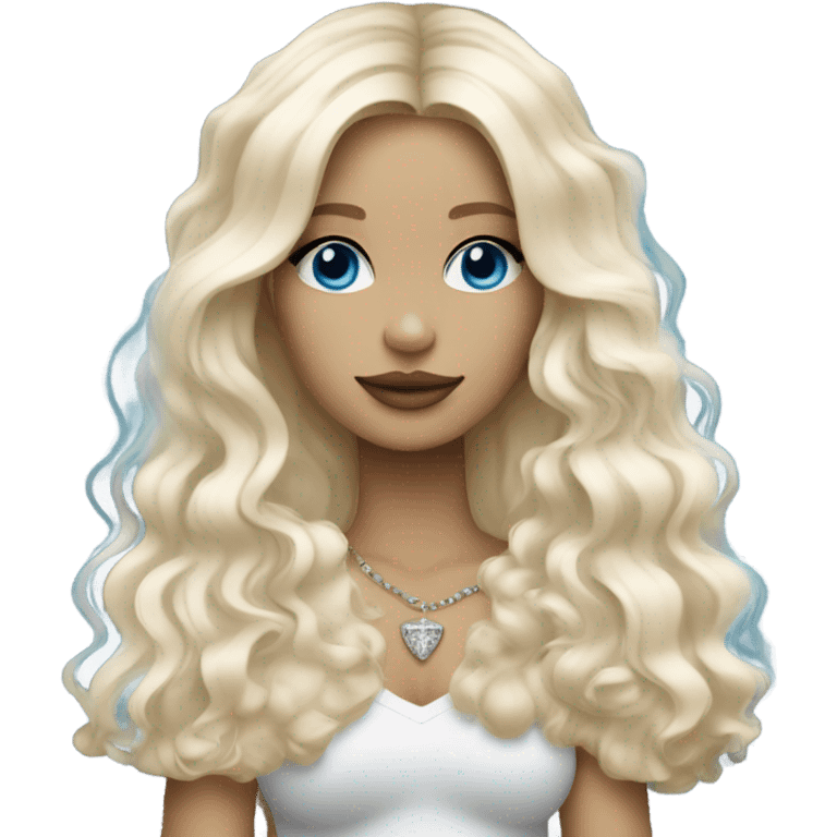 Blonde nightclub girl with blue eyes and long hair and holding white cavachon dog emoji