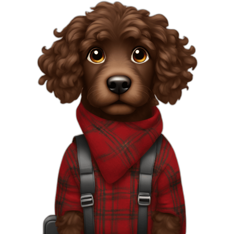 Chocolate colored doodle with wavy hair wearing a red and black flannel handkerchief with a carryon suitcase emoji