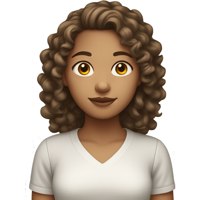 Girl with a curly brown hair and light skin wearing white shirt  emoji