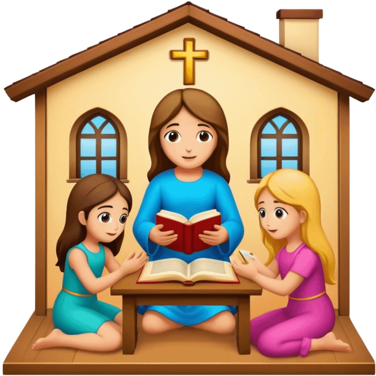 Devotional Christ with girls  in house reading emoji