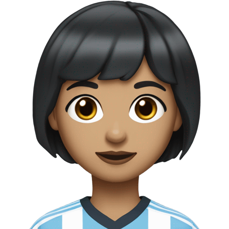 short hair girl, crunchy curtain bangs, with pixie back hair, black hair, dark brown eyes, with short eyelash, tan skin plump lower lip with a darker of shade on the upper lip, wearing a Manchester City jersey 24/25 season emoji