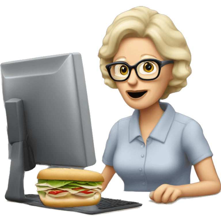 blonde older lady wearing office glasses eating a tuna sandwich sat at a computer desk emoji