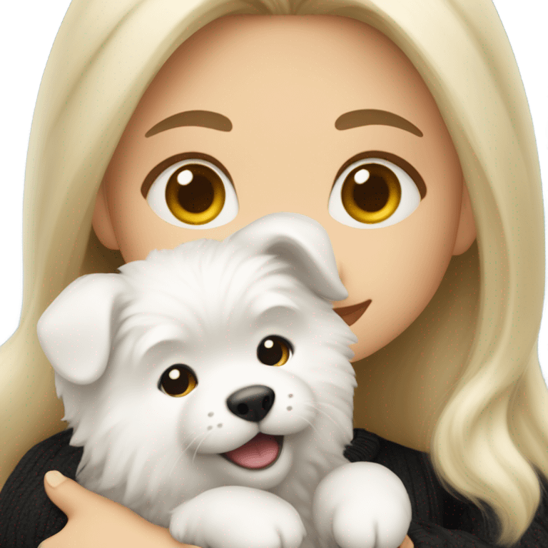 blonde girl with long hair in a black sweater holds a Samoyed puppy in her arms emoji