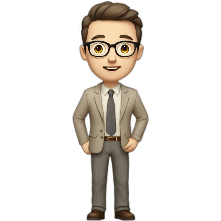 Full height Actively Gesturing Pale skinned fit man with dark brown hair in gray jacket, beige office shirt, brown tie, brown pants and vintage glasses. emoji