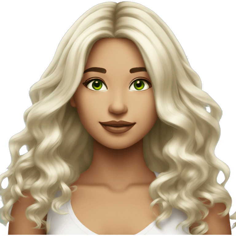 Girl, platinum blonde balayage hair, long hair, bright green eyes, tan skin emoji