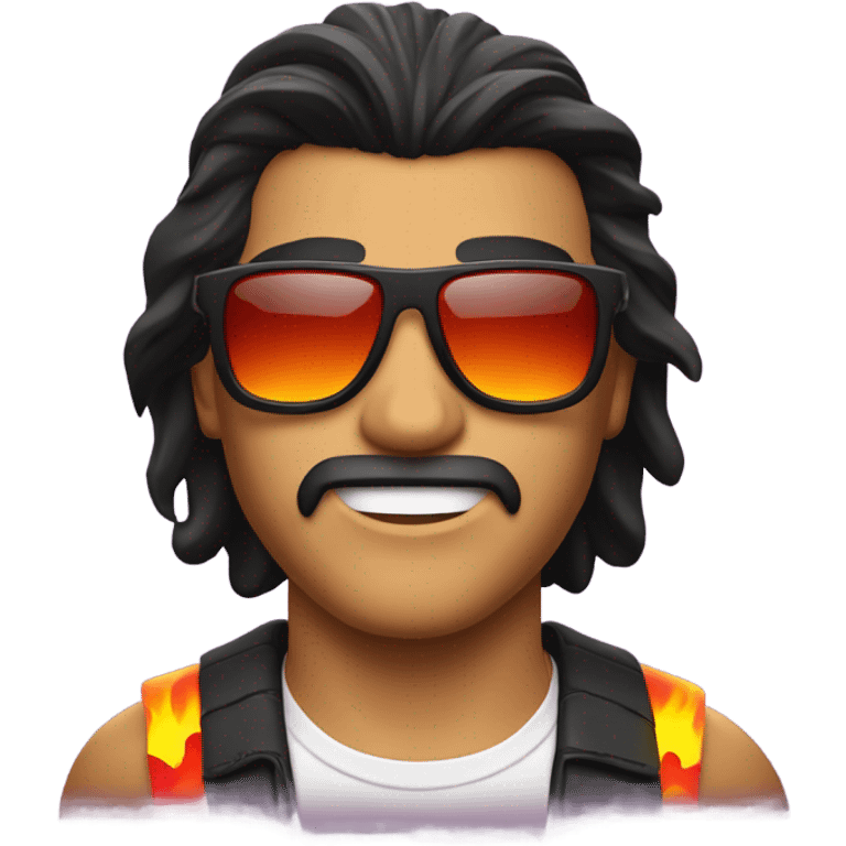 Man with mullet. Sunglasses, and fire in background emoji