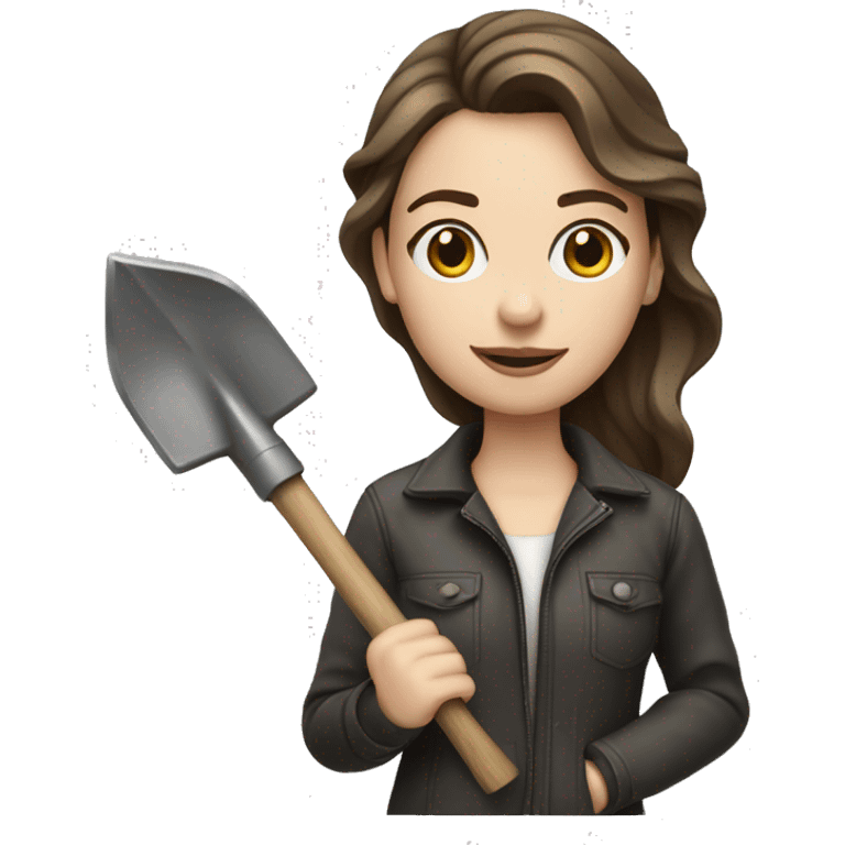 Woman holding one metal shovel with pale skin and hair brown highlights long wavy emoji