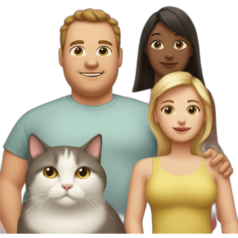 Family photo a fat husband and a woman and them two cats one white and second is black emoji