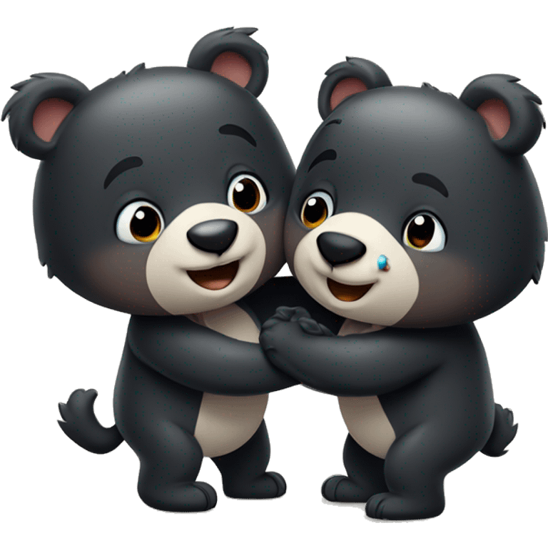 two small cartoon black bears hugging and smiling in greeting emoji