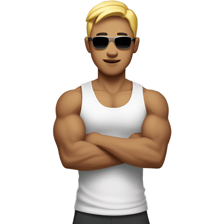 asian personal trainer short golden hair white vest man flexing bicep sunglasses emoji