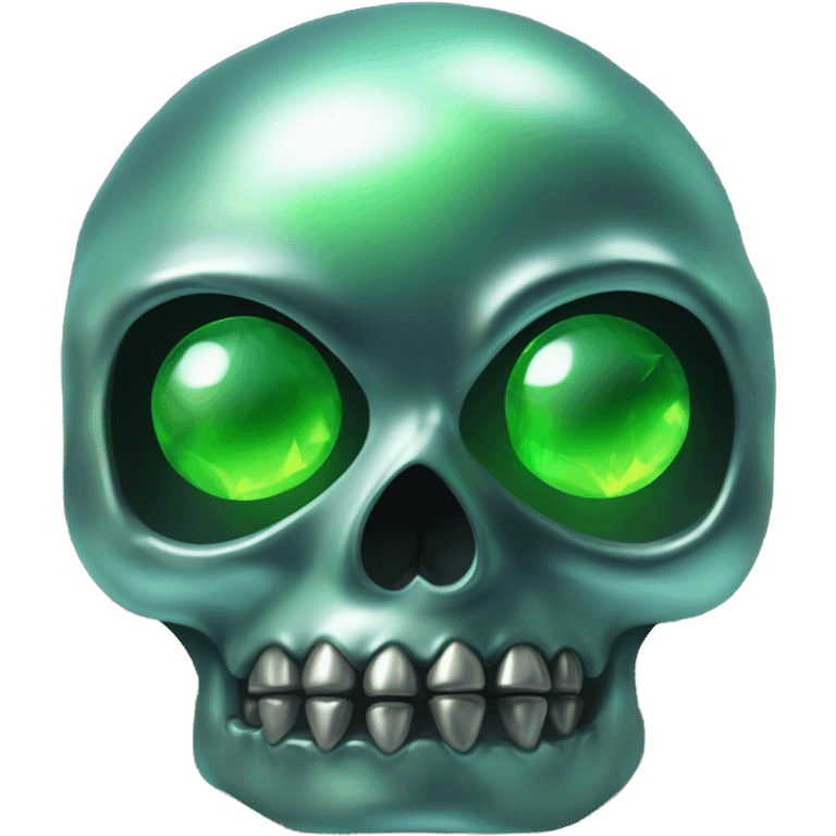 A metallic peralescent skull with glowing green gem eyes and black thorns emoji