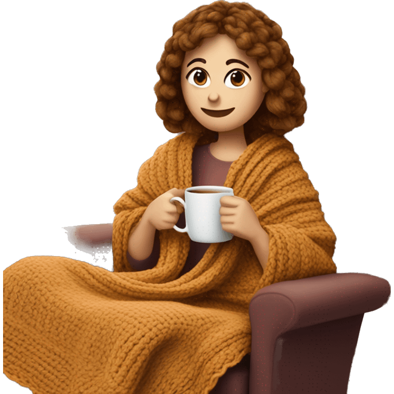 26 year old white woman with brown hair and curtain bangs. She is crocheting a garment. She is sat on a chair with a blanket that is in the color of cinnamon on herself. Near her there is a cup of tea. emoji