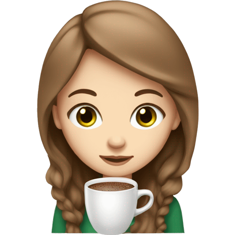 white girl with brown long hair green eyes and a hot chocolate emoji