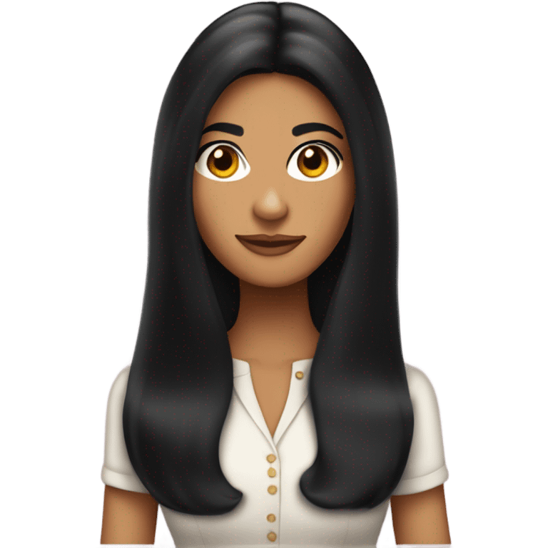 Tanned woman with long black hair wearing 60s style outfit and hair emoji