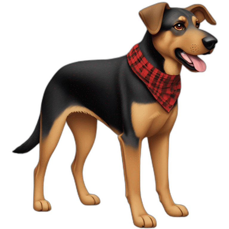 75% Coonhound 25% German Shepherd mix dog wearing small pointed red buffalo plaid bandana pointing down side view full body facing left emoji