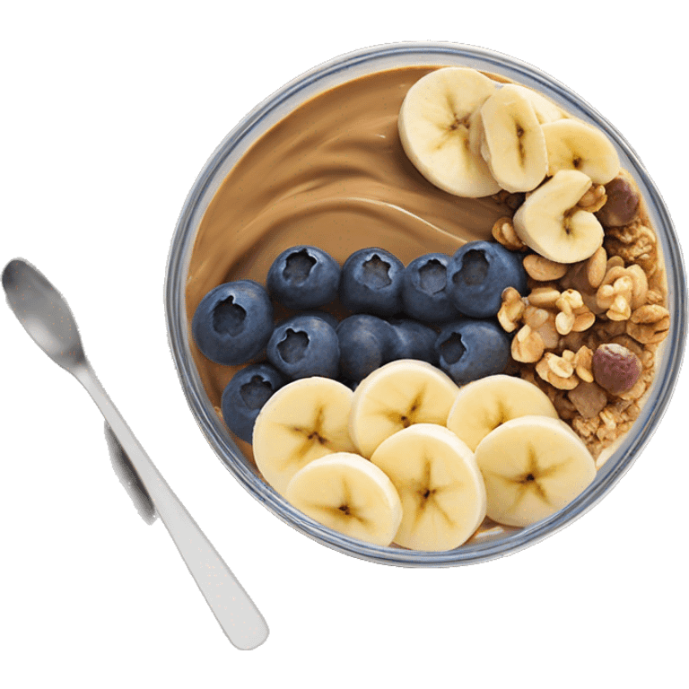 Açai bowl in a clear cup with layers of peanut butter, cashew nuts, granola, condensed milk and banana sliced and blueberrys on top emoji