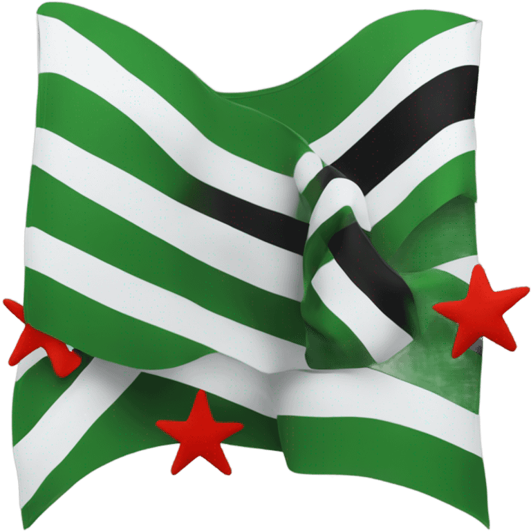 A flag with three horizontal stripes. The top stripe is green. The middle stripe is white. The bottom stripe is black. In the middle stripe, there lie 3 red stars evenly placed around the center but distanced far apart. emoji