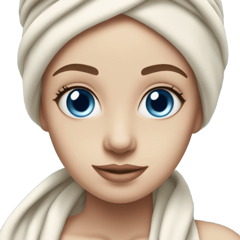 fair skinned girl towel on head and skin care mask on face blue eyes emoji