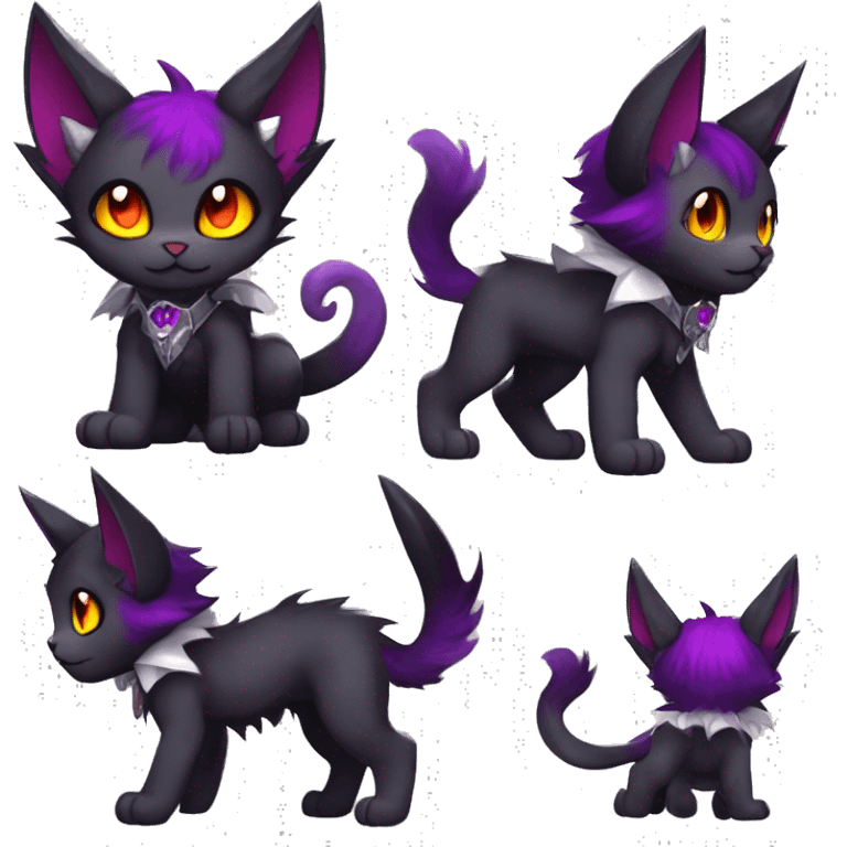 Anthro-Cute-Edgy-Vampiric-Batty-Cat-Black-Purple-Red-Grey-White-Yellow-Contrast-Colors-Fantasy-Fur-Sona-Chibi-Shiny-Fakémon-Hybrid with horns and big fangs and collar full body emoji