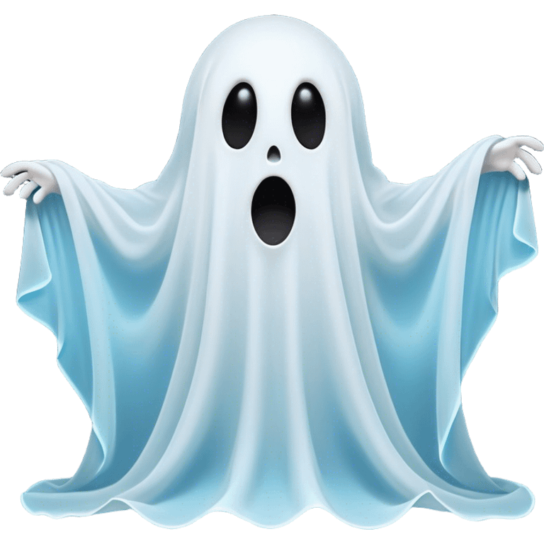 A hilariously exaggerated floating sheet ghost, its simple yet expressive form billowing with animated energy in vibrant whites and pale blues, with two wide, comically shocked eyes and a quirky, startled mouth, simplified yet overflowing with personality, highly detailed with a soft neon-like glowing outline, capturing the playful absurdity of a ghost caught off guard! emoji