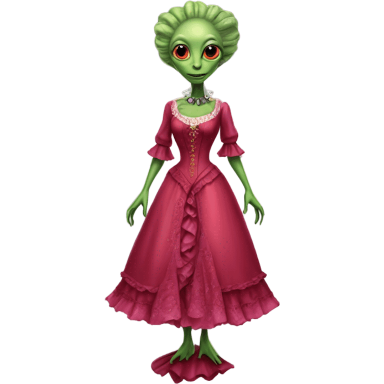 "green alien woman" galora in red pink Victorian dress elegant, full body emoji