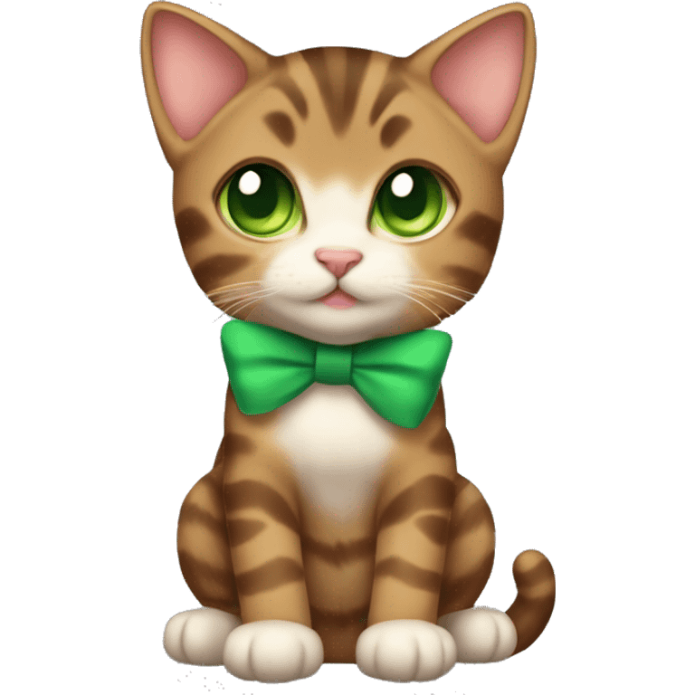 kawaii brown tabby kitten with green eyes and bow on top of head full body emoji