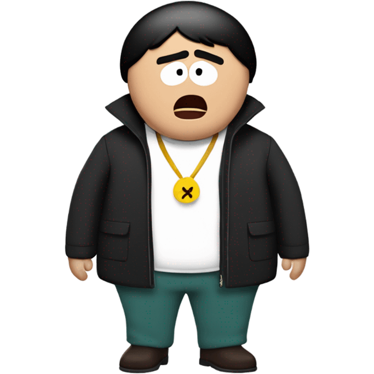 Surprised man with black hair in a Cartman (from the South Park TV Show) costume emoji