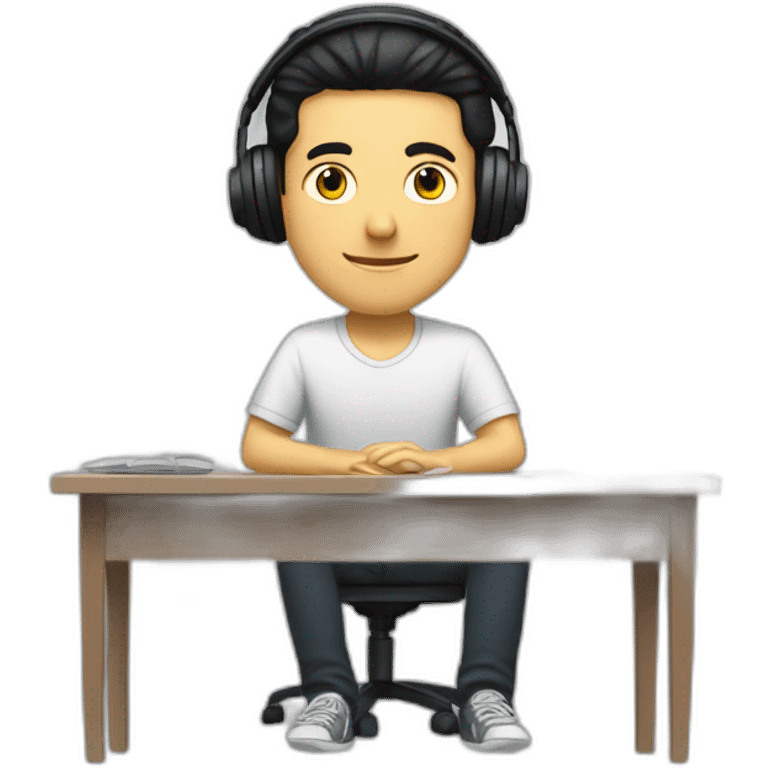 white man with black hair and headphones sitting relaxed with a desk in front of him emoji