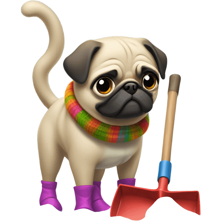 Pug with boots shoveling snow emoji